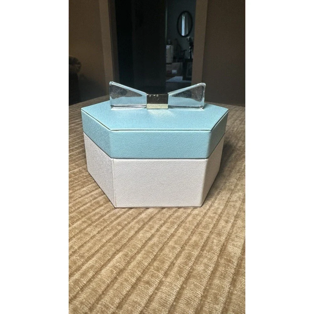 Tiffany Blue & White Jewelry Box Acrylic Bow Gold Accent Gray Interior
